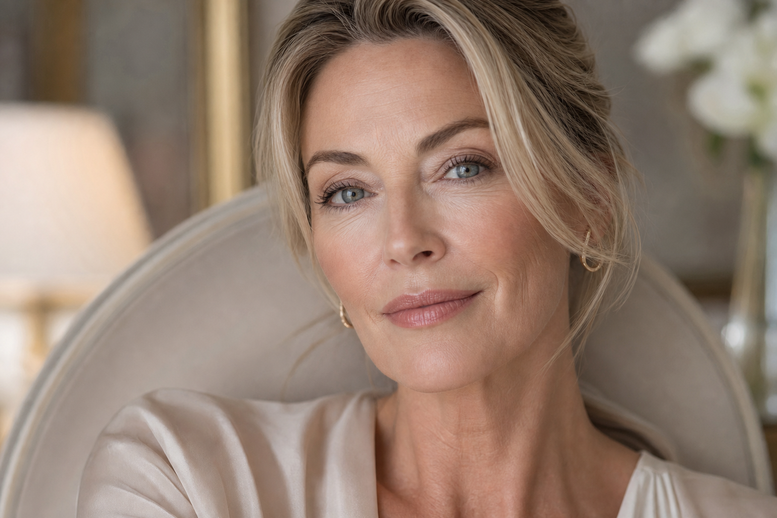 Elegante reife Frau mit natürlicher weicher Lippenfarbe